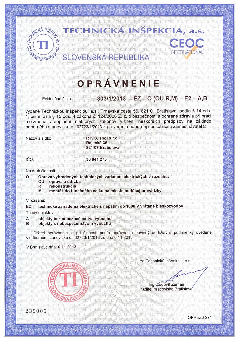 opravnenie TI 303 1 2013 EZ O E2 oprava EZ