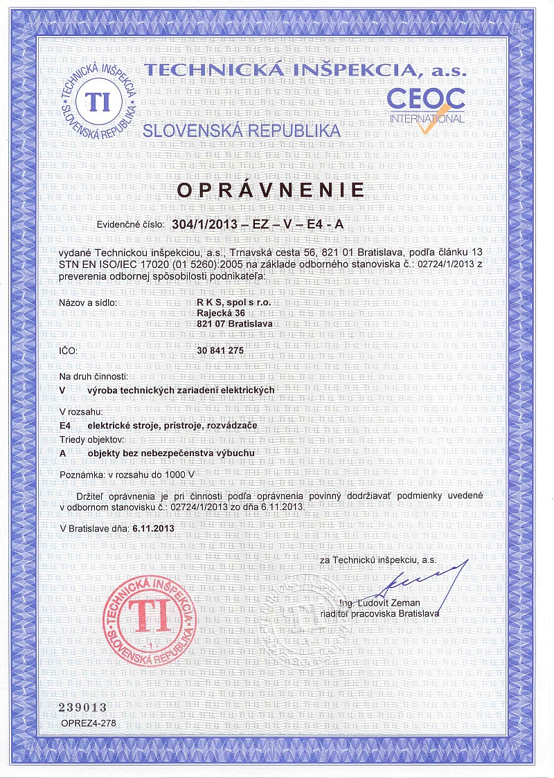 opravnenie TI 304 1 2013 EZ V E1 A vyroba EZ 2013